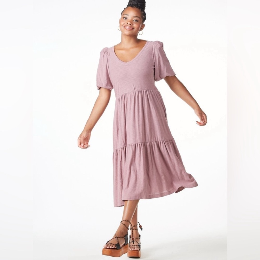 NATION LTD Geri Peasant Tiered Puff Sleeve Midi Dress Medium - Picture 2 of 10